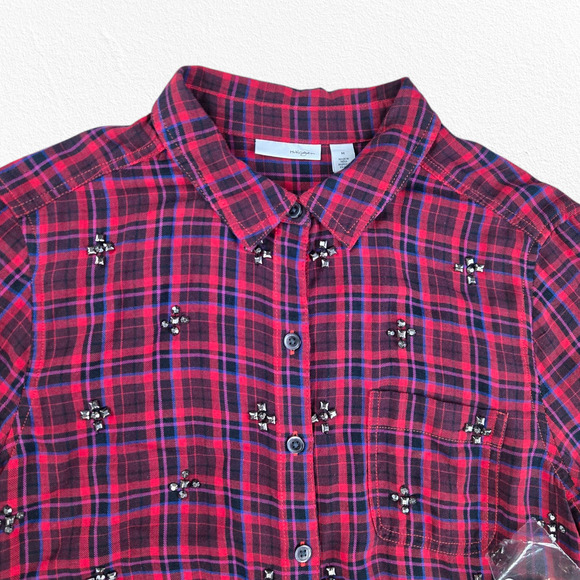 Halogen Embellished Plaid Button Down Shirt Red Jewel Detail Flannel Size Medium - Picture 3 of 12